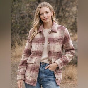 American Eagle Women’s Plaid Flannel Sweater Jacket  in Pink and Cream
